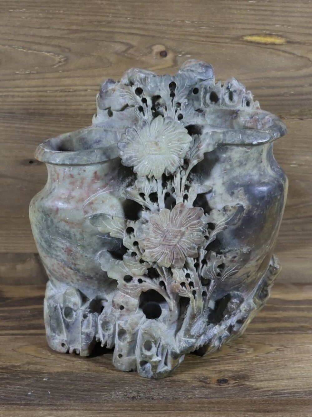 Vintage Chinese Carved Soapstone Double Vase With Flowers and Leaves 6. 5" tall